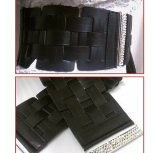 Fashion Horizontally & Vertically Design Red Elastic Waist Black Belt Size S M